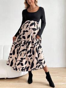 SHEIN Plus Leaf Print Scoop Neck Dress - Multicolor - View 5