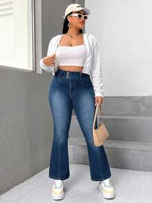 SHEIN EZwear Plus High Waist Flare Leg Jeans - Blue - View 4