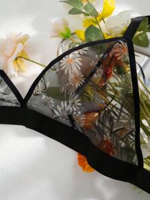 PetitDoll 2pcs Plus Size Women Daisy Mesh Sexy Lingerie Set - Black - View 5