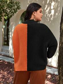 SHEIN VCAY Plus Two Tone Drop Shoulder Wrap Cross Sweater - Multicolor - View 2