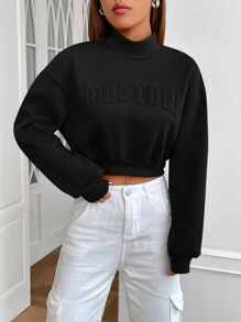 SHEIN EZwear Áo nỉ chui đầu cổ khoét vai in chữ nổi, áo dài tay cho mùa thu/đông - màu đen - Xem 3