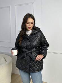 SHEIN LUNE 加大双排扣系带绗缝加厚外套冬季 - 黑色 - 查看 3