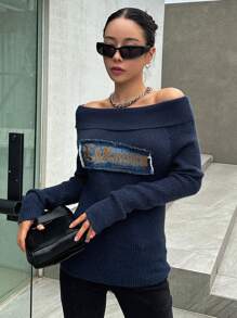 DAZY Letter Pattern Off Shoulder Sweater - Navy Blue - View 4