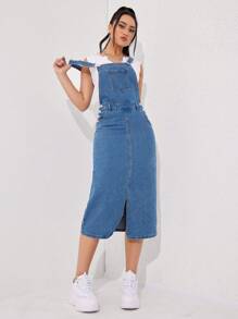 SHEIN EZwear 下擺開叉牛仔背帶裙不帶T恤