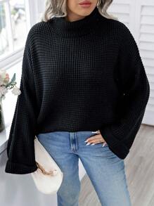 Calvaya Plus Turtleneck Drop Shoulder Waffle Knit Sweater, For Winter Knit Pullover Fall Autumn - Black - View 1