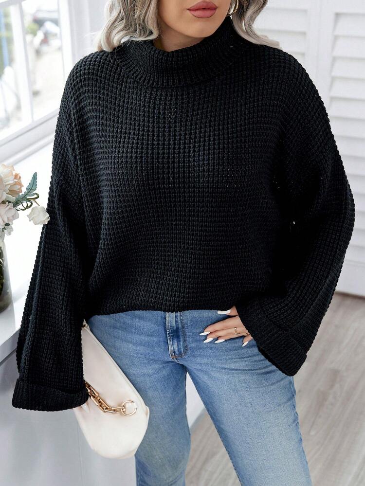 Plus Turtleneck Drop Shoulder Waffle Knit Sweater, For Winter Knit Pullover Fall Autumn