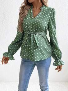 SHEIN 孕婦波點圖案荷葉袖腰帶襯衫 - 綠色 - 查看 1