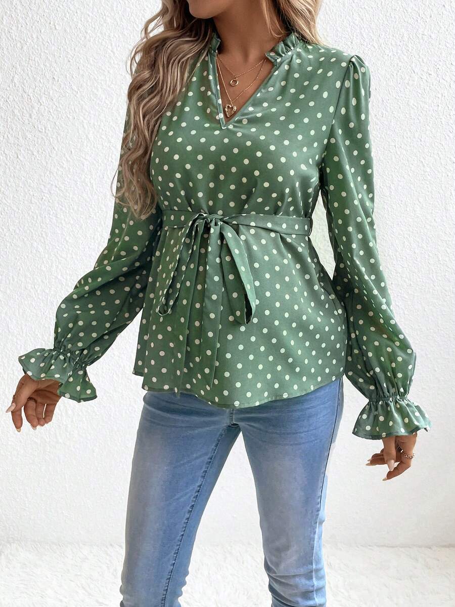 SHEIN 孕婦波點圖案荷葉袖腰帶襯衫 - 綠色 - 查看 1