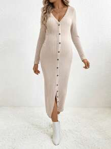 SHEIN Maternity Button Through Ribbed Knit Bodycon Dress - Apricot - View 3