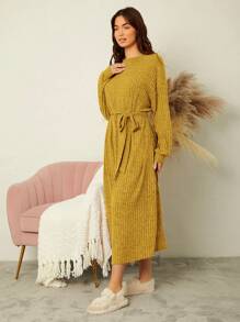 Mulvari Solid Belted Ribbed Knit Dress - Yellow - View 4
