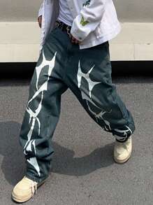 Manfinity Roghcode Jeans para hombre sin cinturón con estampado de relámpago - Azul - Ver 3