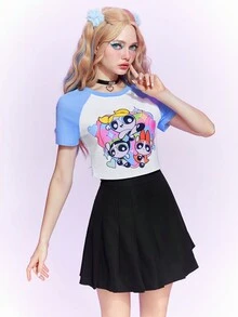 The Powerpuff Girls | ROMWE 卡通圖案插肩袖T恤 - 藍色 - 查看 3