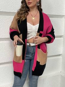 SHEIN LUNE Áo khoác cardigan hở vai Colorblock cỡ lớn - Nhiều màu - Xem 4