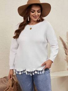 SHEIN VCAY Plus Drop Shoulder Fringe Hem Sweater - White - View 5