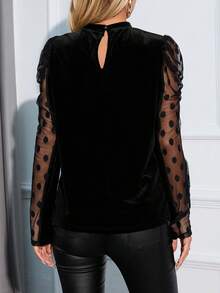 SHEIN Privé Lưới Dobby tương phản Tay áo Nhung Áo thun - màu đen - Xem 2