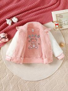 Baby Girl Cartoon Embroidery Striped Trim Colorblock Teddy Jacket - Pink - View 3
