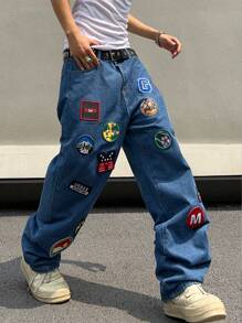 Manfinity Roghcode Loose Fit Men's Wide Leg Jeans Without Belt With Patched Details Baggy Long Washed Dark Wash Jean Cargo Graphic Plain Blue Going Out Street Wear Friends