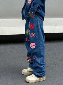 Manfinity Roghcode Loose Fit Men's Wide Leg Jeans Without Belt With Patched Details Baggy Long Washed Dark Wash Jean Cargo Graphic Plain Blue Going Out Street Wear Friends