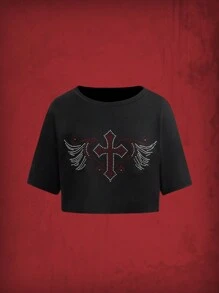 ROMWE Grunge Punk Wings Rhinestone Crop Tee