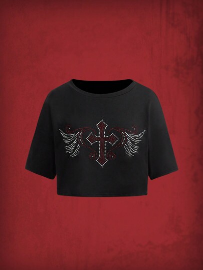 Grunge Punk Crop T-Shirt mit Flügeln Strass,