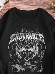 SHEIN EZwear 大碼字母圖案加絨內裏運動衫 - 黑色 - 查看 4