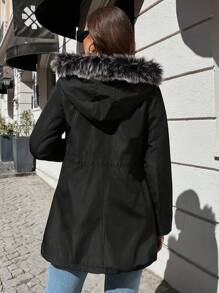 EURMUSE Drawstring Waist Fuzzy Trim Hooded Coat - Black - View 2
