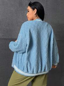 SHEIN EZwear Plus Letter Pattern Striped Trim Drop Shoulder Teddy Jacket - Mint Blue - View 3