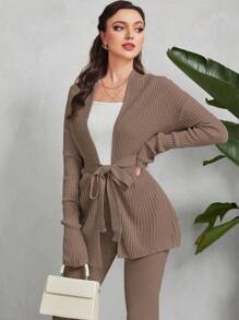 Mulvari Solid Belted Cardigan & Knit Pants 2 Pieces Set - Apricot - View 3
