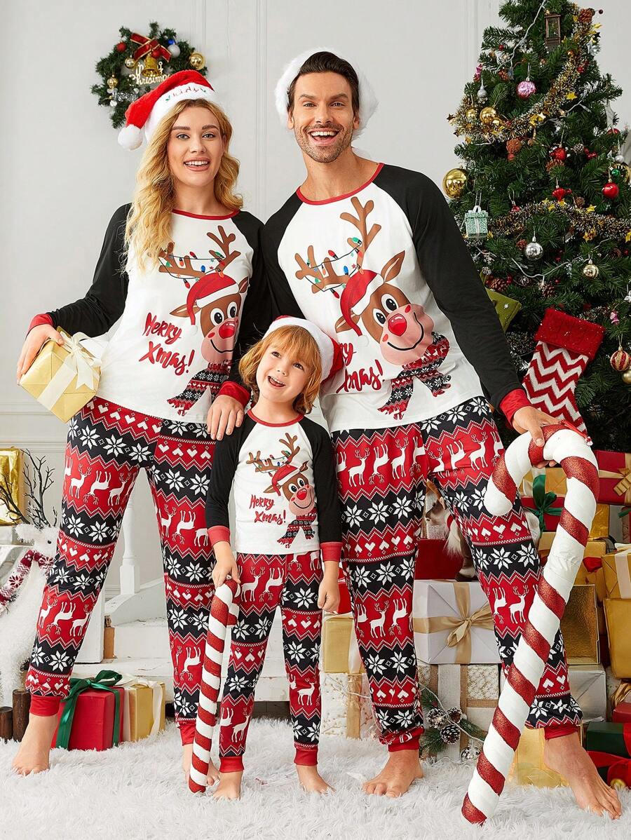 Chàng trai trẻ Giáng sinh Tuần lộc Gia đình Vừa Khít Bộ mặc nhà - Đỏ - Xem 1