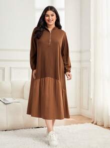 Mulvari 大碼半拉鏈荷葉邊洋裝 - 咖啡棕 - 查看 4