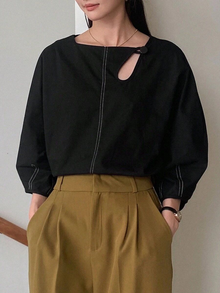 FRIFUL Cut Out Top-stitching Drop Shoulder Blouse - Black - View 1