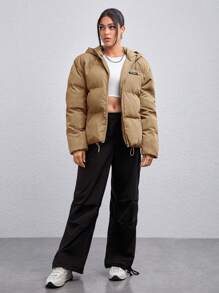 Manfinity VCAY 1pc Men's Loose Fit Letter Patched Drawstring Hooded Padded Coat, For Fall Winter - Camel - View 4