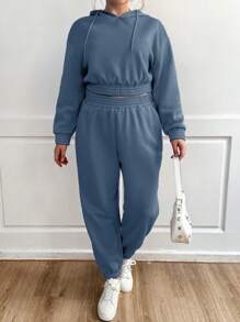 Calvaya Plus Drop Shoulder Drawstring Hoodie & Sweatpants - Blue - View 3