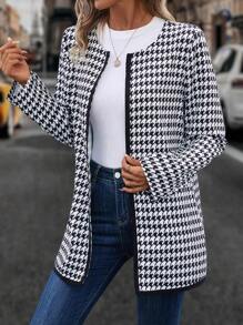 EMERY ROSE Houndstooth Print Open Front Contrast Binding Open Front Coat Fall Cloth For Women