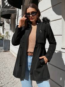 EURMUSE Drawstring Waist Fuzzy Trim Hooded Coat - Black - View 5