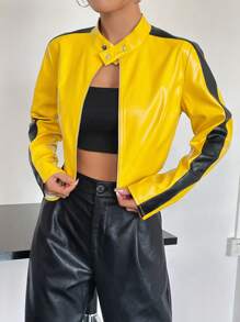 SHEIN Unity 女士时尚机车拉链短夹克 - 黃色 - 查看 5