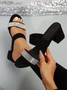 nueva llegada dorado tono punta redonda grueso tacón Mules de mujeres tacón alto Zapatillas