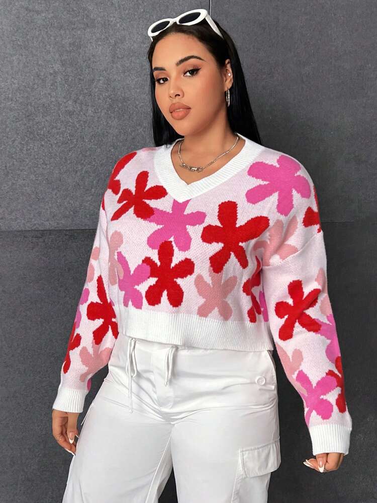 Plus Floral Pattern Drop Shoulder Sweater