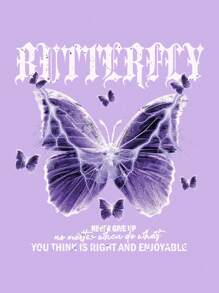 SHEIN EZwear 加大码蝴蝶标语图案抽绳保暖内衬卫衣 - 紫色 - 查看 4