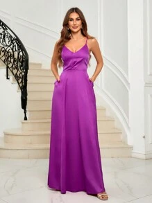 SHEIN Belle Túi ẩn Xa ten Váy Phù dâu Dây - Màu Hồng Tươi - Xem 2