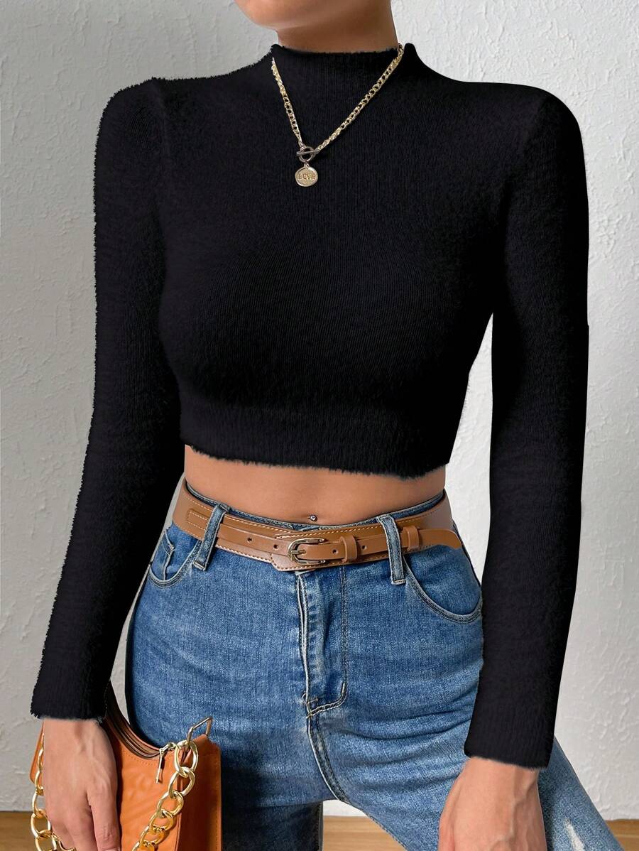 Chiquease Top de punto de cuello alto crop de peluche