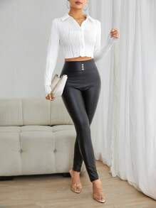 SHEIN EZwear 素色前紐扣短款T恤 - 白色 - 查看 4