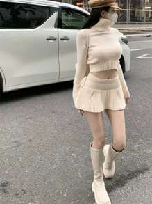 DAZY Solid High Neck Crop Sweater & Ribbed Knit Skirt,Fall Clothes - Yellow - View 8