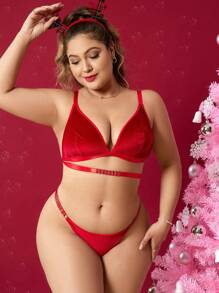 Plus Size Cut-Out Bra & Panty Lingerie Set - Red - View 5