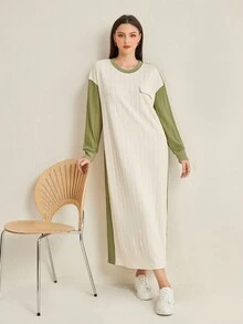 Mulvari 撞色翻蓋口袋落肩袖衛衣洋裝 - 彩色 - 查看 3