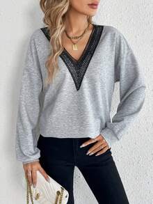 SHEIN Tall 水溶蕾絲拼接落肩袖運動衫 - 淺灰色 - 查看 5