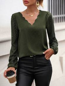 SHEIN Clasi Scallop Trim Lantern Sleeve Blouse - Army Green - View 7
