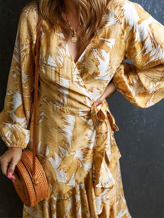 Tropical Print Lantern Sleeve Knot Side Wrap Dress