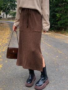 FRIFUL 冬季纯色抽绳腰部开衩下摆半身裙 - 咖啡棕 - 查看 3