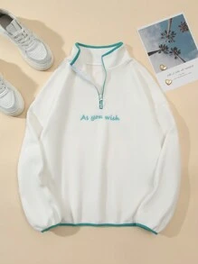SHEIN Unity 女式撞色字母刺绣半拉链套头衫 - 白色 - 查看 1